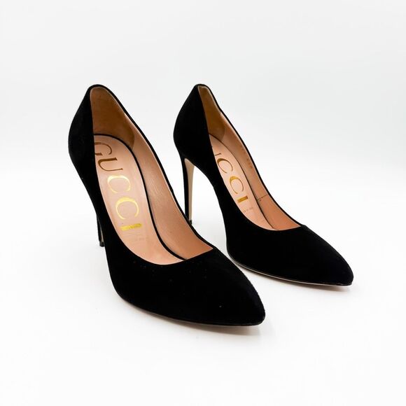 Gucci Heels Web Stripe Bow Black Suede Pumps Heels EU 37.5 US 7.5 - Picture 13 of 14